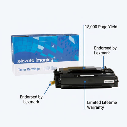 Elevate Imaging HP 87X compatible toner cartridge featuring 18,000 page yield and Lexmark endorsement.