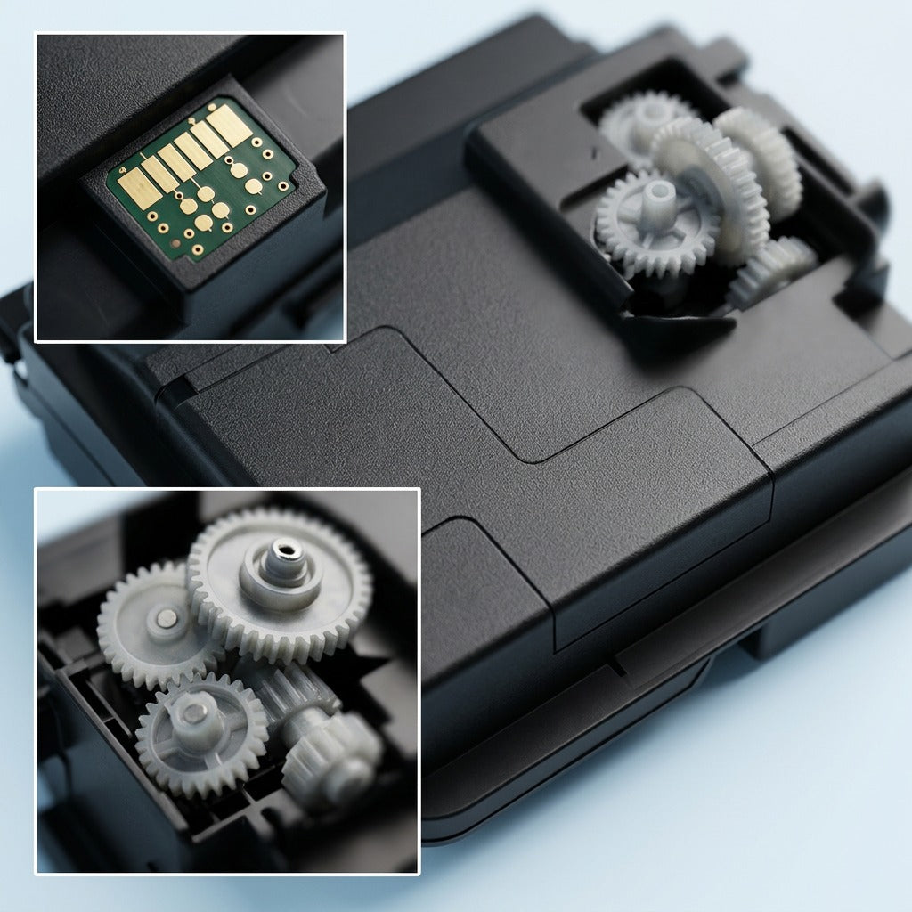 Macro detail of HP 87X (CF287X) compatible toner highlighting electronic chip and internal gears.