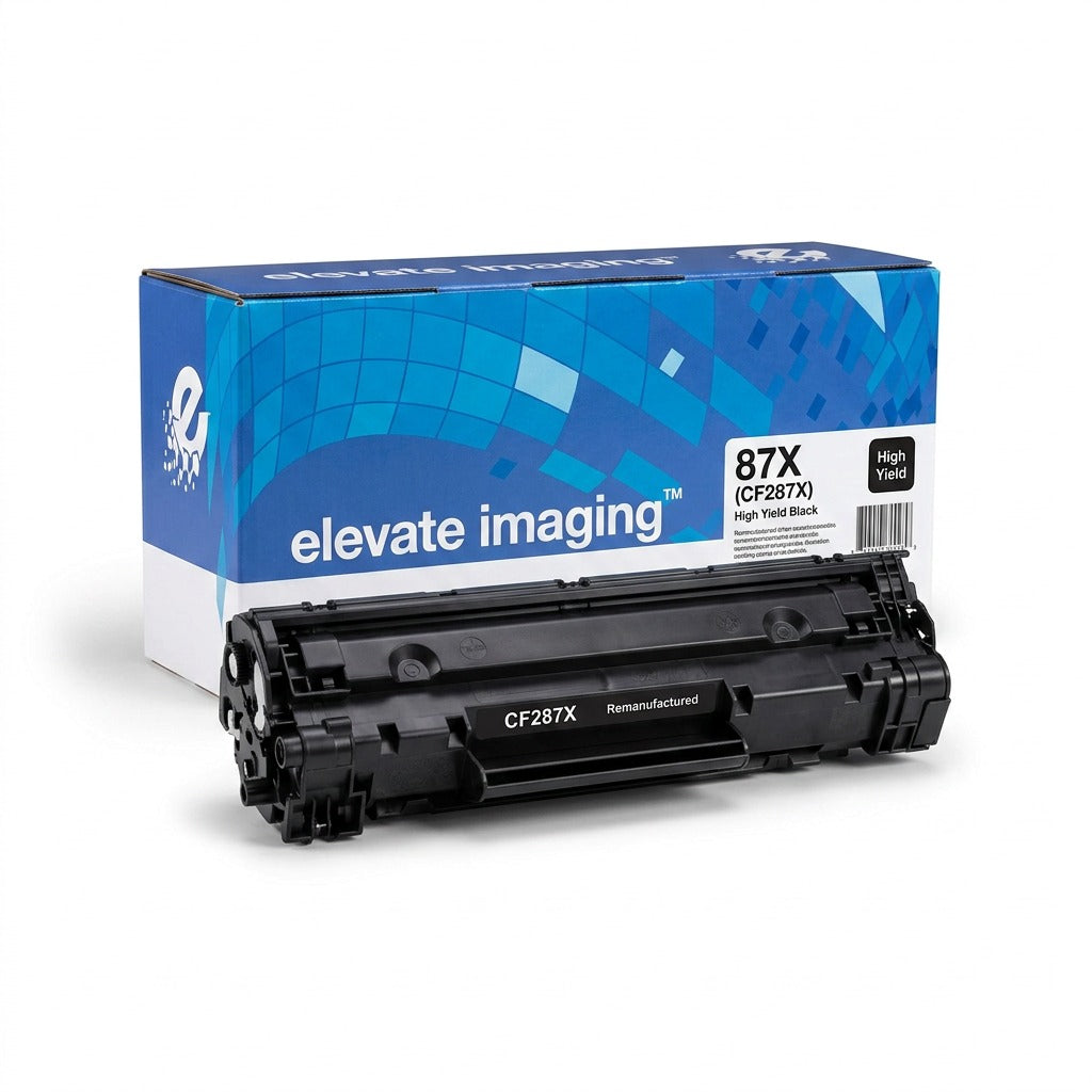 Elevate Imaging 87X CF287X high yield black remanufactured toner cartridge with retail box.
