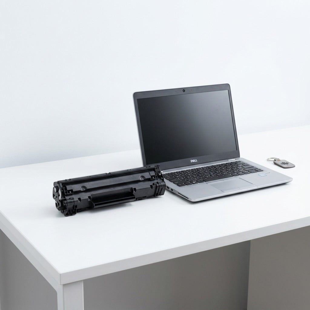 Scale comparison of HP 87X CF287X black toner cartridge next to a laptop on a white office desk.