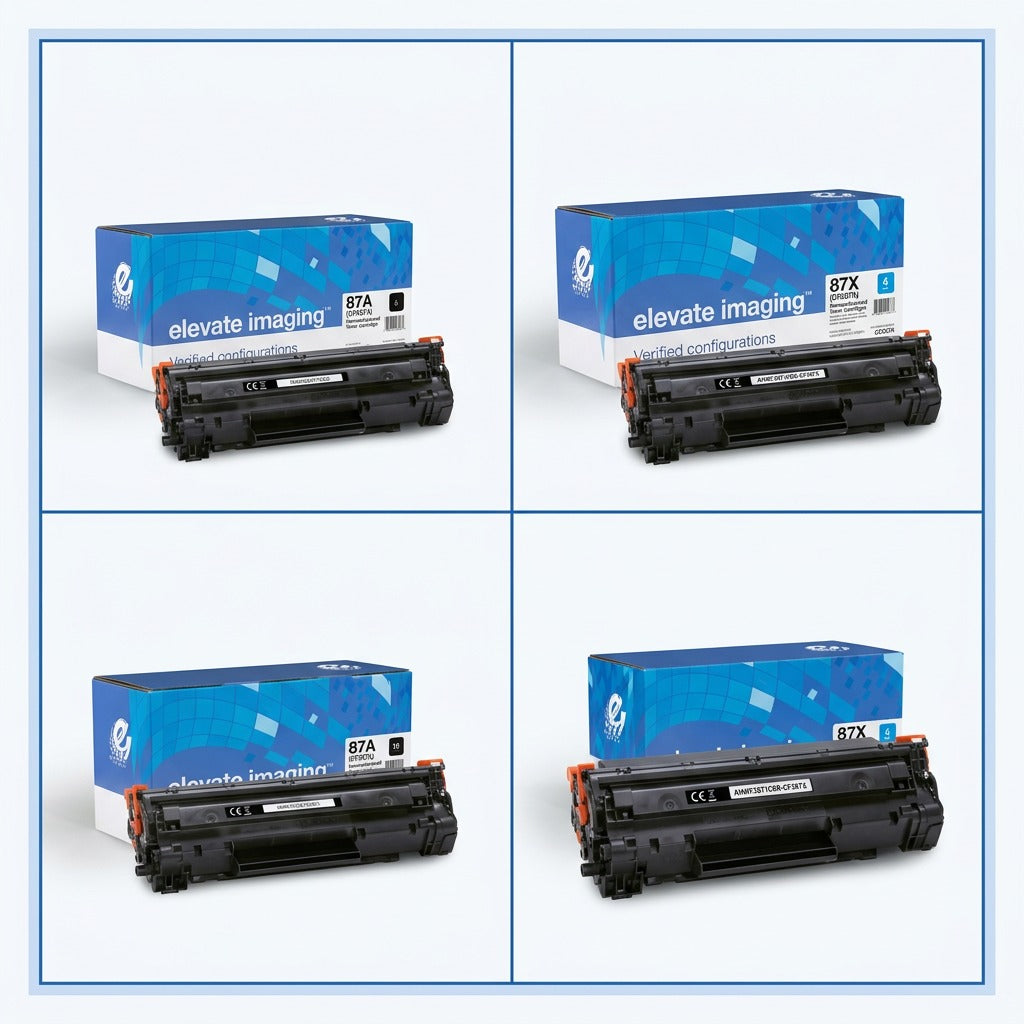 Comparison grid showing standard 87A and high yield 87X remanufactured black toner cartridges.