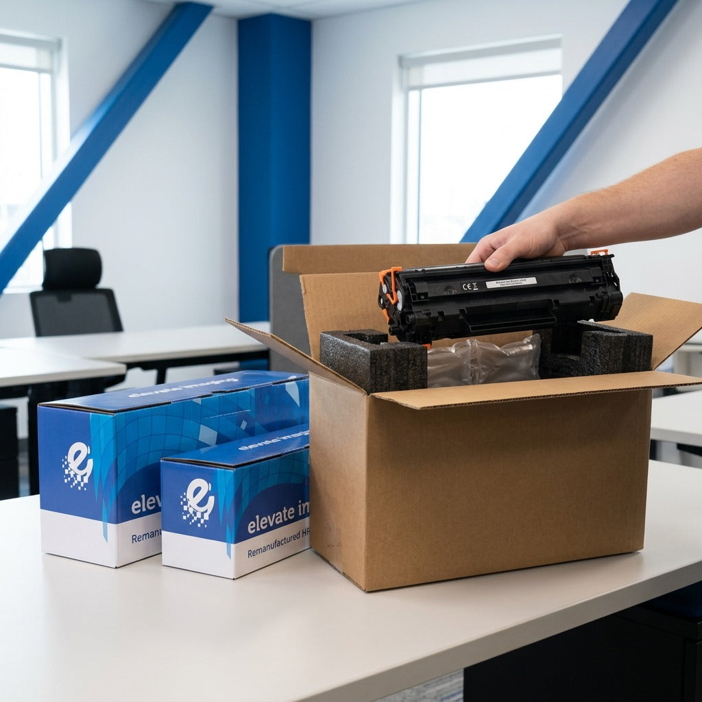 Unboxing an Elevate Imaging HP 87X CF287X toner cartridge from secure protective office packaging.