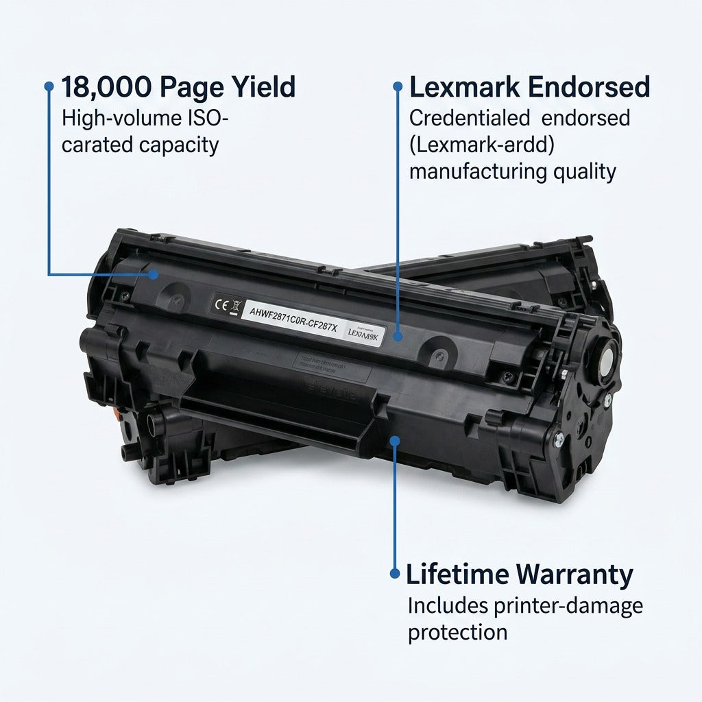 HP 87X CF287X toner cartridge features: 18,000 page yield, Lexmark endorsed, and lifetime warranty.