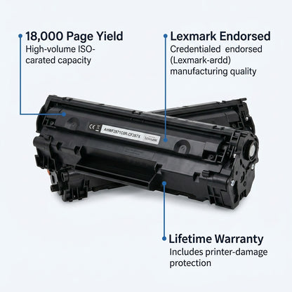 HP 87X CF287X toner cartridge features: 18,000 page yield, Lexmark endorsed, and lifetime warranty.