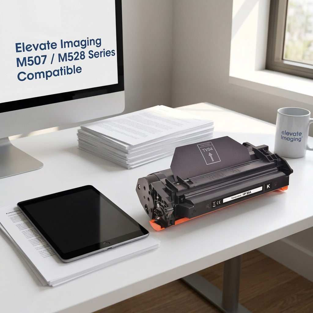 Elevate Imaging HP 89A compatible toner cartridge on a desk next to a tablet for size reference.