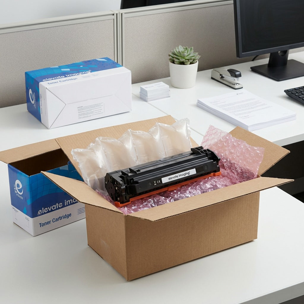 Elevate Imaging HP 89A toner cartridge unboxed on an office desk with protective packaging.