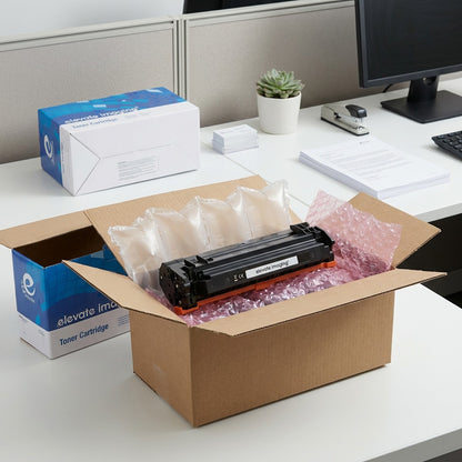 Elevate Imaging HP 89A toner cartridge unboxed on an office desk with protective packaging.