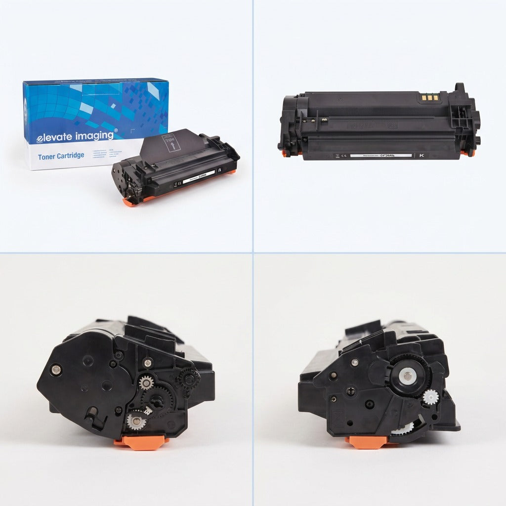 Four-grid view of the Elevate Imaging HP 89A compatible black toner cartridge with retail box.