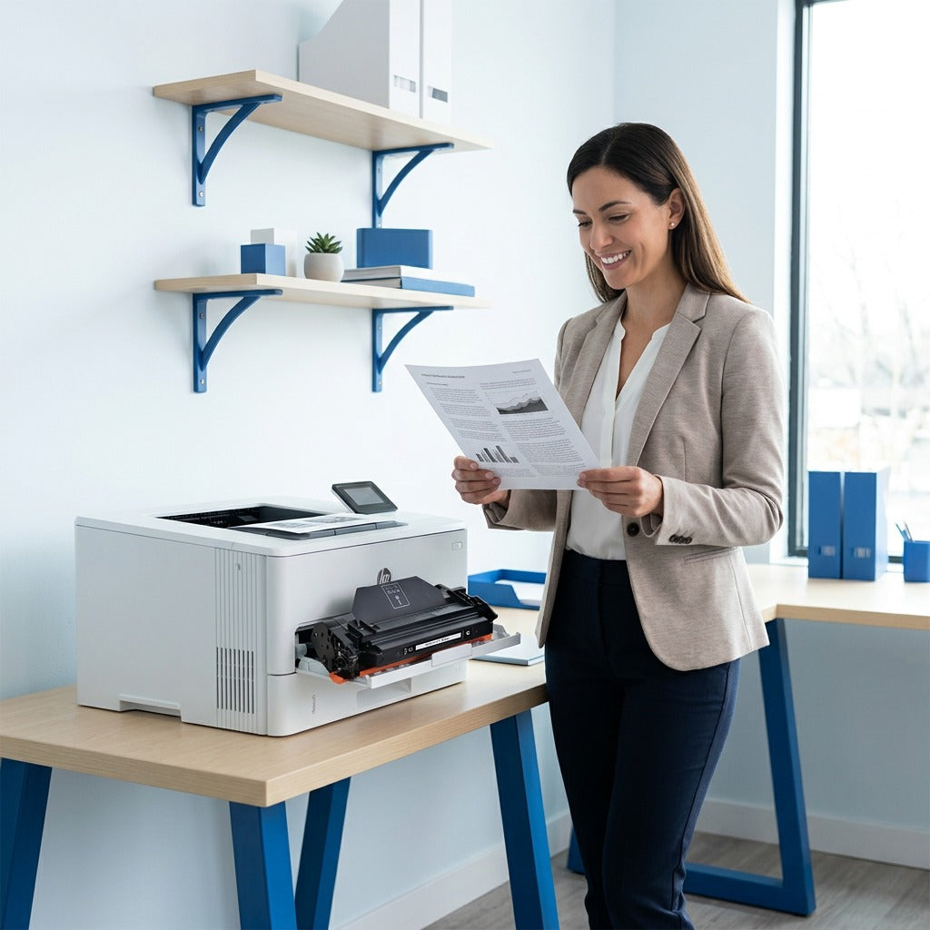 A professional examines a sharp printed page by an HP laser printer with a CF289A toner cartridge.