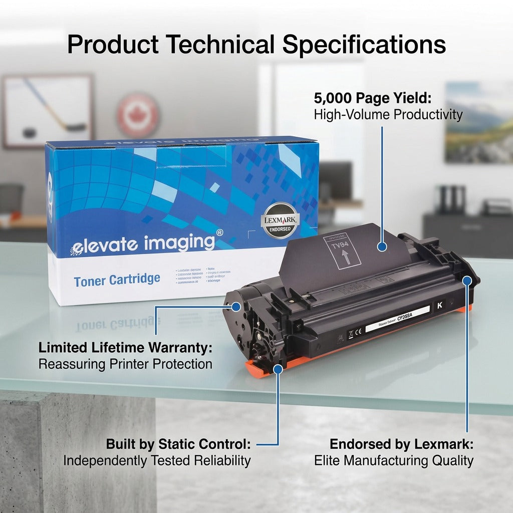 Technical specs for Elevate Imaging HP CF289A Toner: 5,000 page yield and Lexmark endorsed quality.