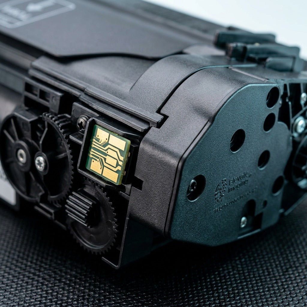Macro view of gold smart chip and gears on an Elevate Imaging HP 89A compatible toner cartridge.