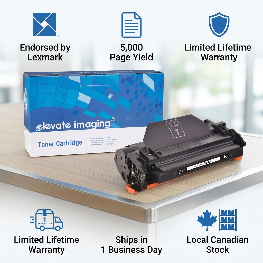 Elevate Imaging HP 89A CF289A toner cartridge with Lexmark endorsement and 5,000 page yield icons.