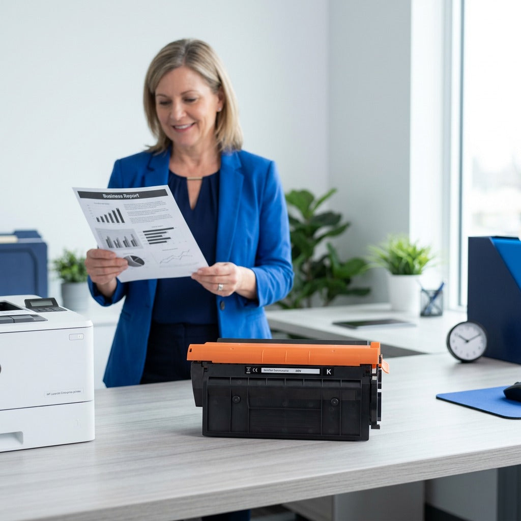 Elevate Imaging HP 89X black toner cartridge on a desk next to a printer and a smiling professional.