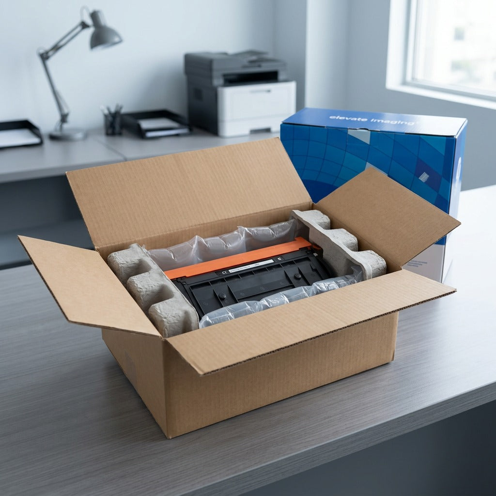 Open shipping box for HP 89X toner cartridge with protective air cushions and molded end-caps.