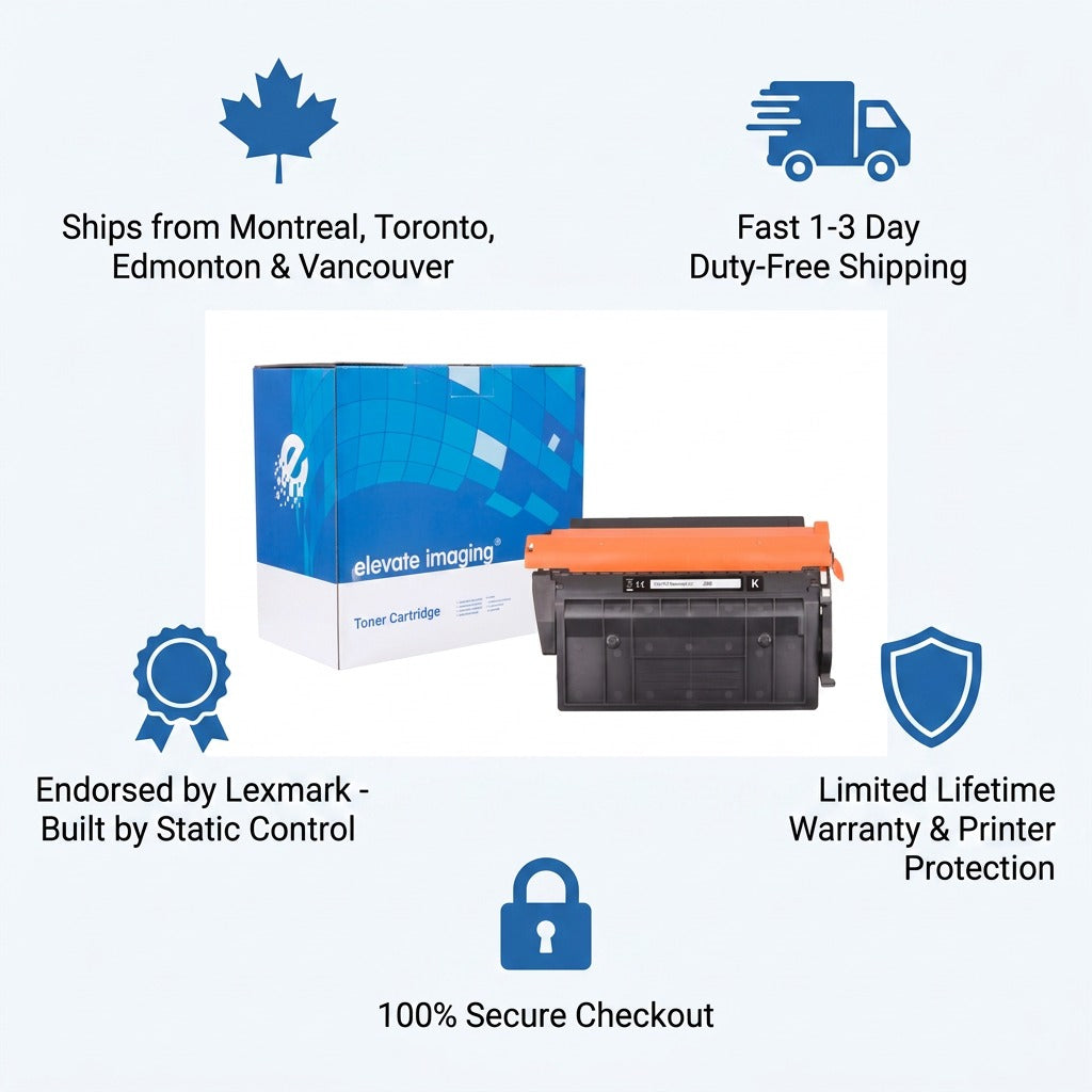 Trust infographic for Elevate Imaging HP 89X toner cartridge highlighting fast Canadian shipping.