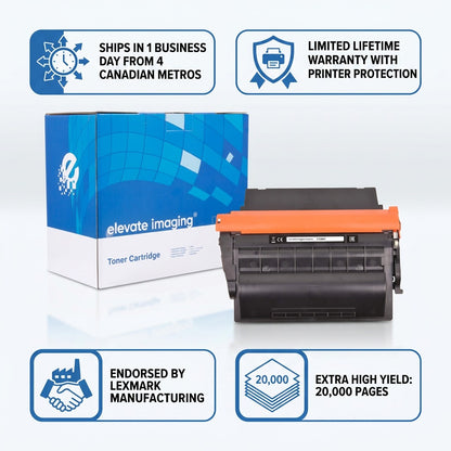 Elevate Imaging HP 89Y compatible toner infographic showing 20,000 page yield and fast shipping.