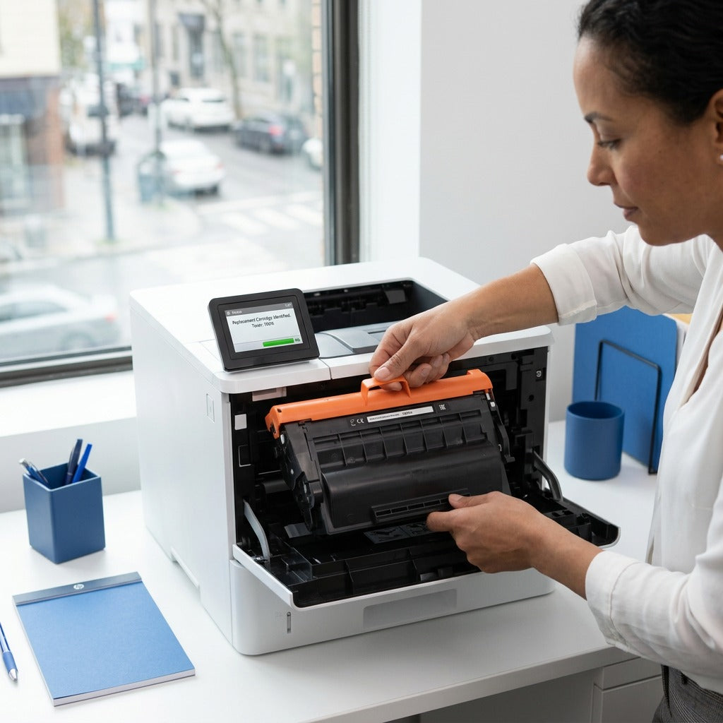 A professional installs an HP 89Y (CF289Y) compatible black toner cartridge into a white laser printer.