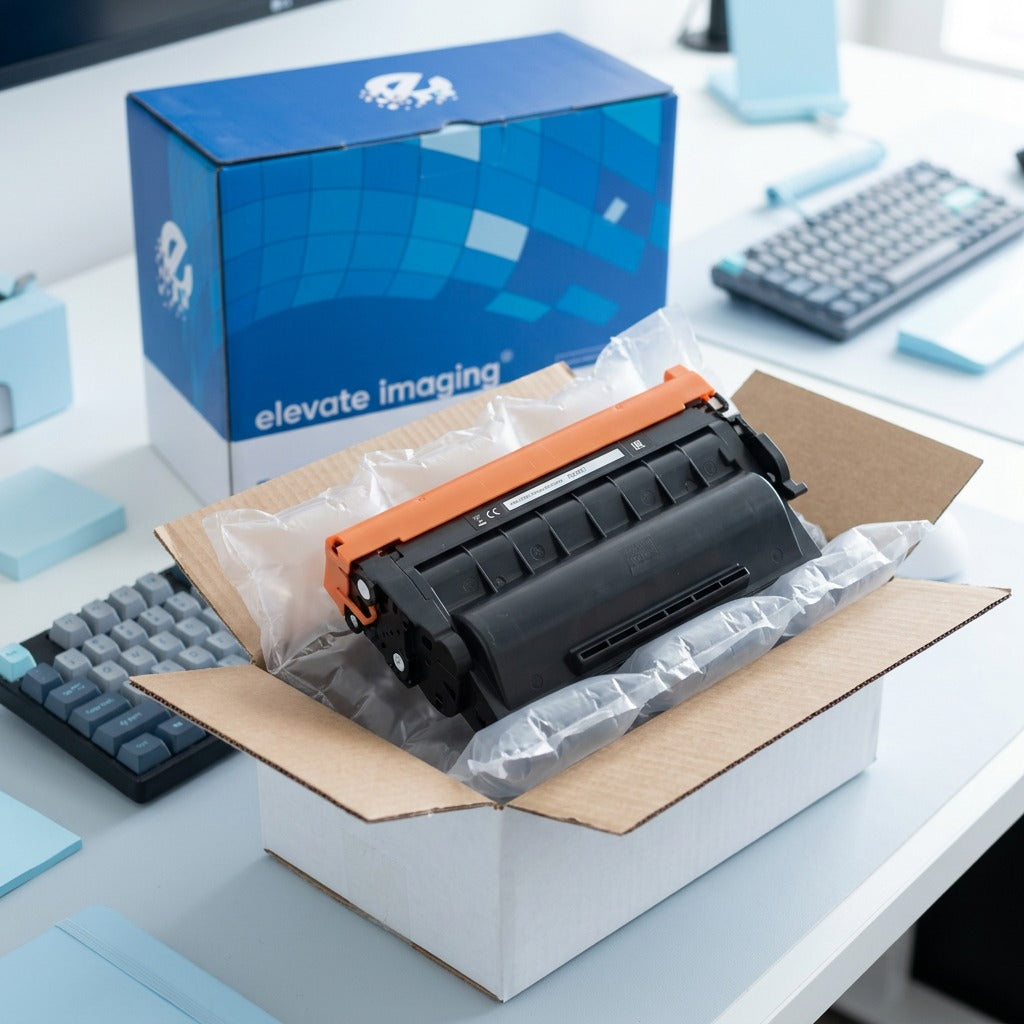 Unboxing an Elevate Imaging HP 89Y compatible toner cartridge from secure air-pillow packaging.