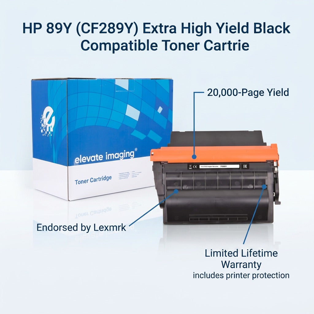 Elevate Imaging HP 89Y compatible toner with callouts for 20,000-page yield and lifetime warranty.