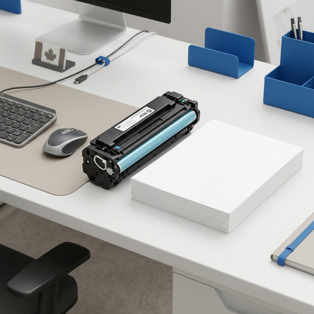 Scale reference of an HP 652A (CF320X) toner cartridge beside a stack of white printer paper.