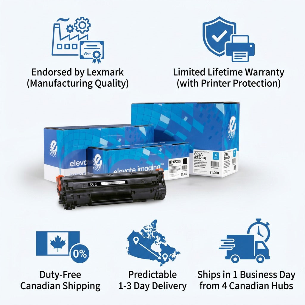 Infographic for Elevate Imaging HP 652A (CF320X) Black Toner featuring warranty and shipping icons.