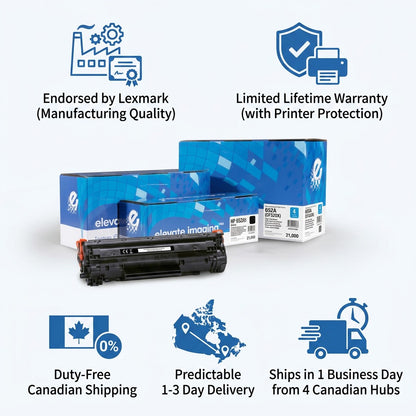 Infographic for Elevate Imaging HP 652A (CF320X) Black Toner featuring warranty and shipping icons.