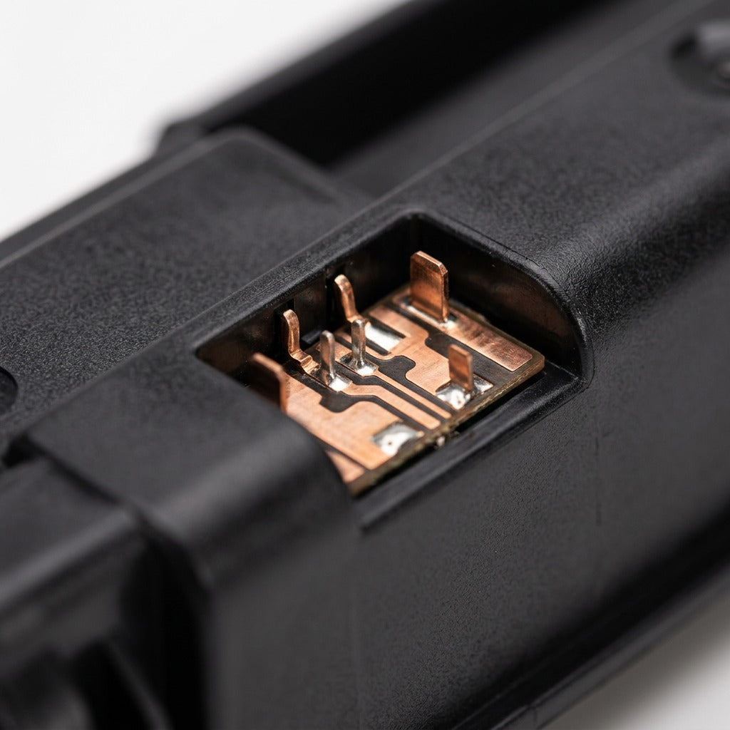 Macro detail of copper contact points on a black Elevate Imaging Reman HP CF320X toner cartridge.