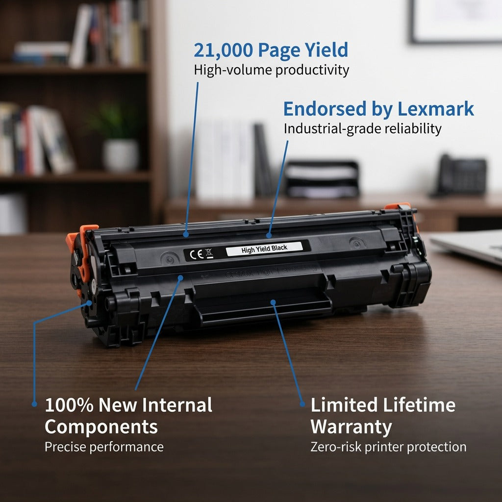 Elevate Imaging HP 652A (CF320X) Black Toner Cartridge with feature callouts for 21,000 page yield.