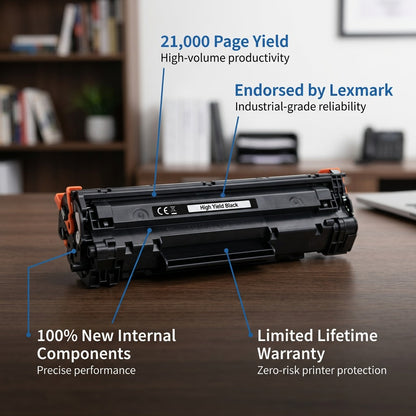 Elevate Imaging HP 652A (CF320X) Black Toner Cartridge with feature callouts for 21,000 page yield.