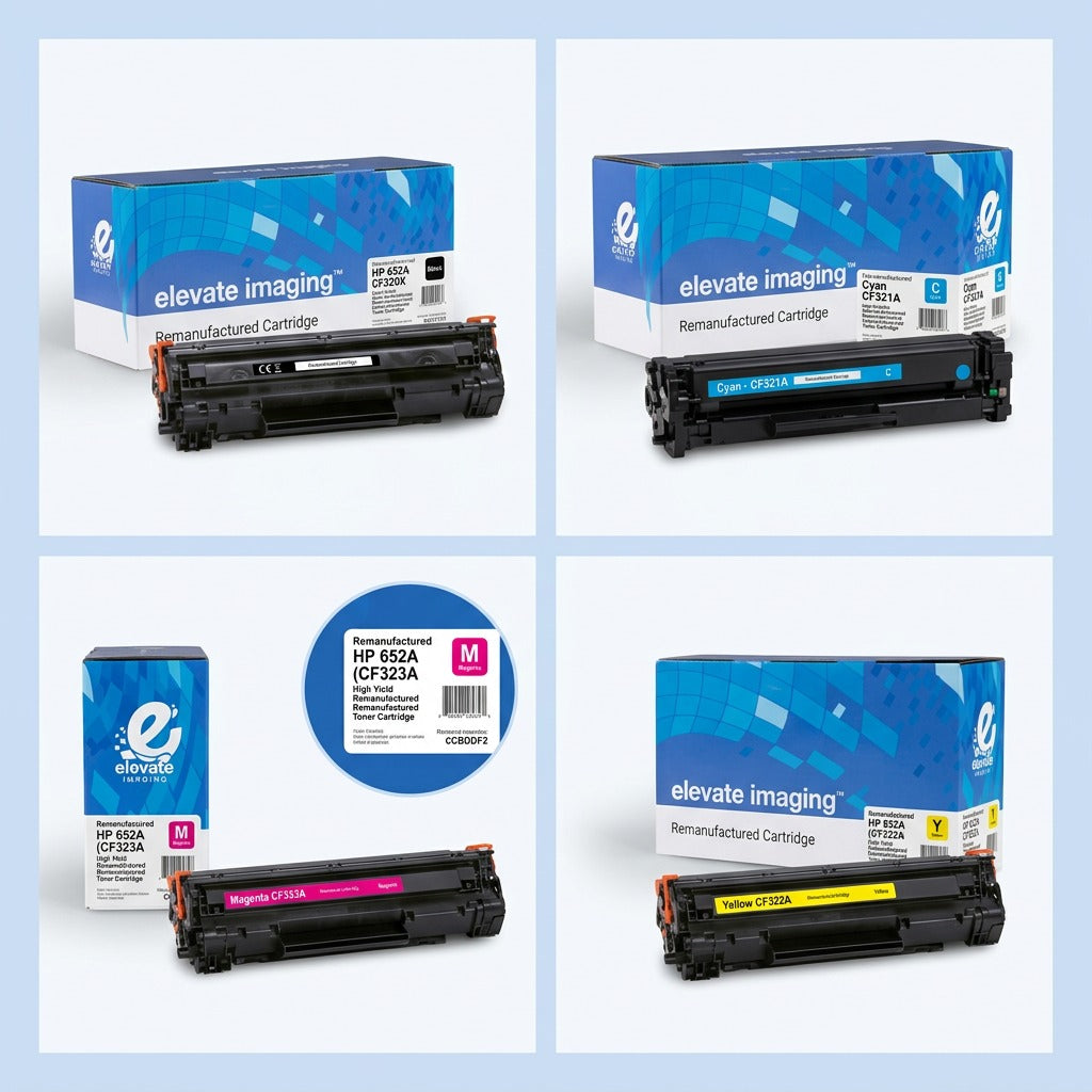 A 2x2 grid of Elevate Imaging HP 652A toner cartridges and boxes in black, cyan, magenta, and yellow.