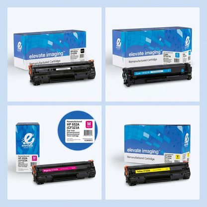 A 2x2 grid of Elevate Imaging HP 652A toner cartridges and boxes in black, cyan, magenta, and yellow.