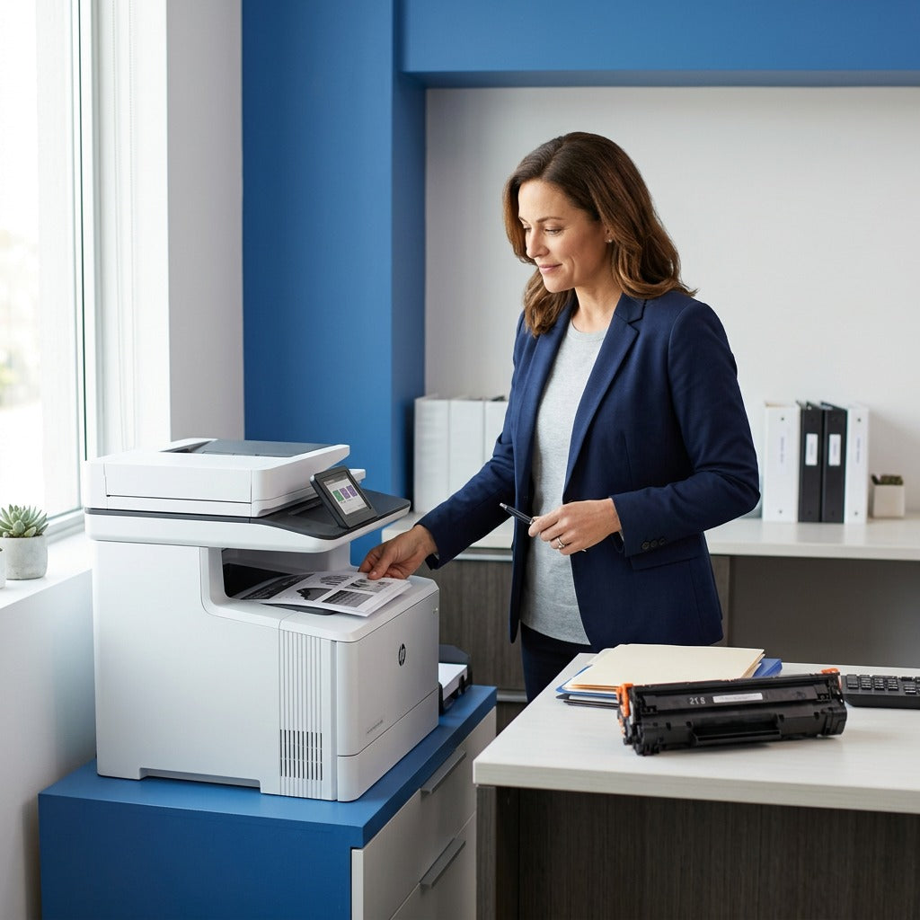 Office manager collecting reports from an HP printer with an HP 652A (CF320X) toner on the desk.