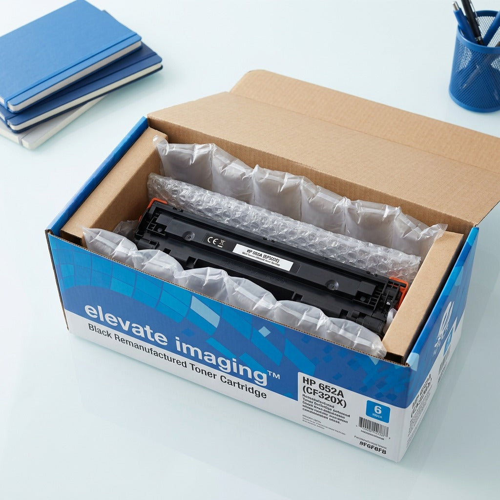 Elevate Imaging HP 652A (CF320X) black toner cartridge securely packed in an open retail box with protective air cushions.