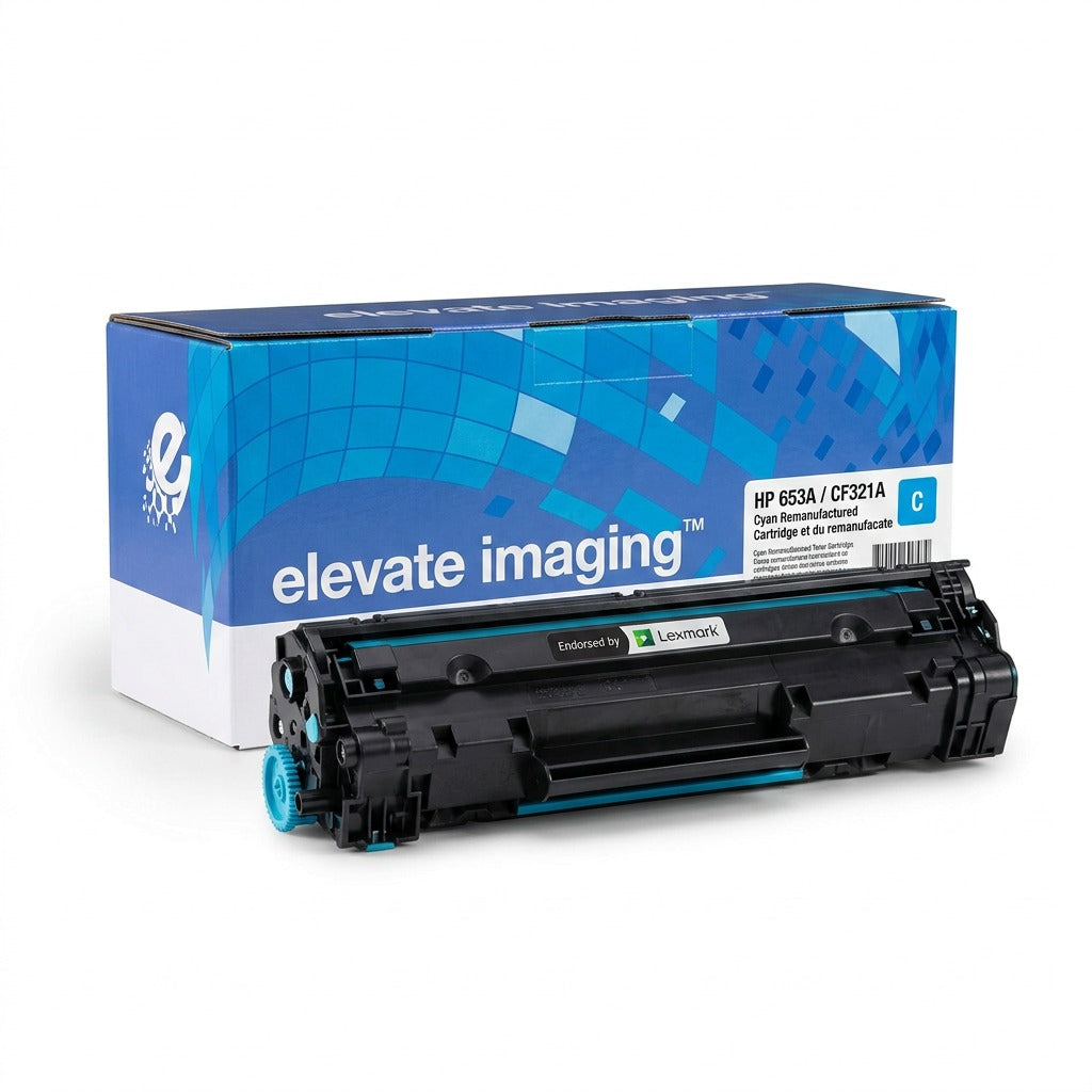 Elevate Imaging cyan remanufactured HP 653A (CF321A) toner cartridge with Lexmark endorsement logo.