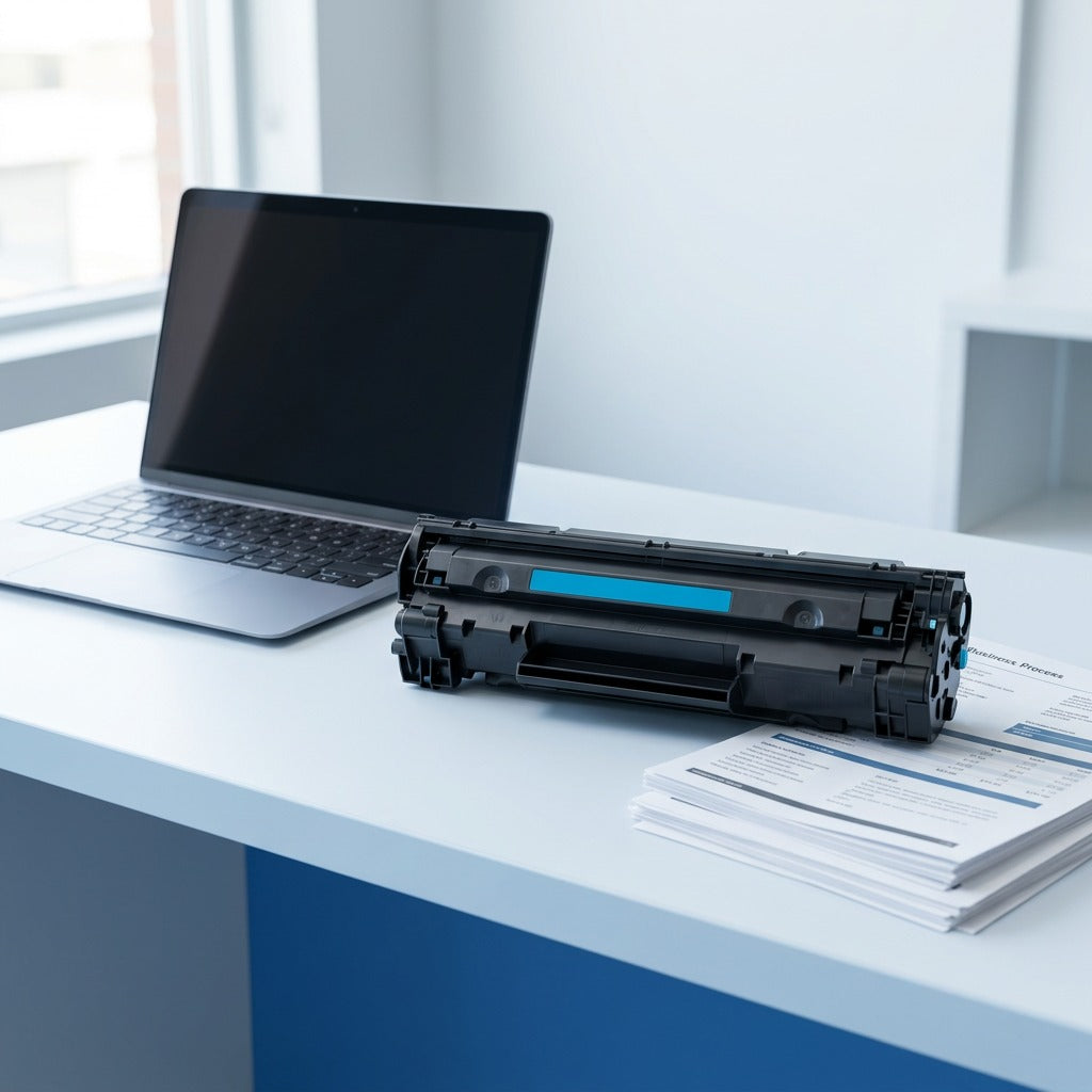 HP 653A (CF321A) Cyan Remanufactured Toner Cartridge on an office desk next to a laptop for scale.