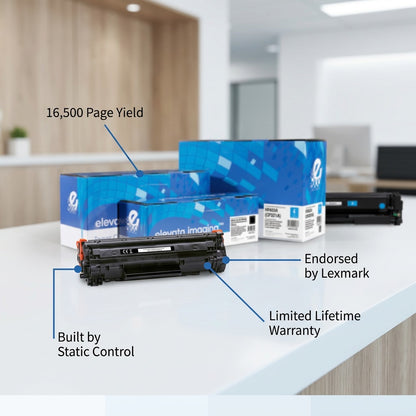 HP 653A Cyan Toner Cartridge featuring 16,500 page yield, Lexmark endorsement, and lifetime warranty.