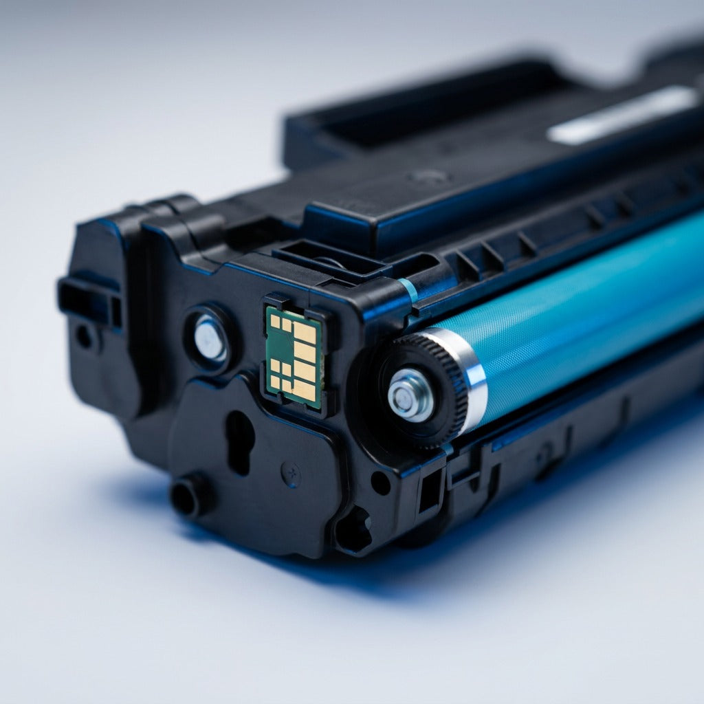 Macro detail of Elevate Imaging HP 653A Cyan toner cartridge showing smart chip and blue roller.