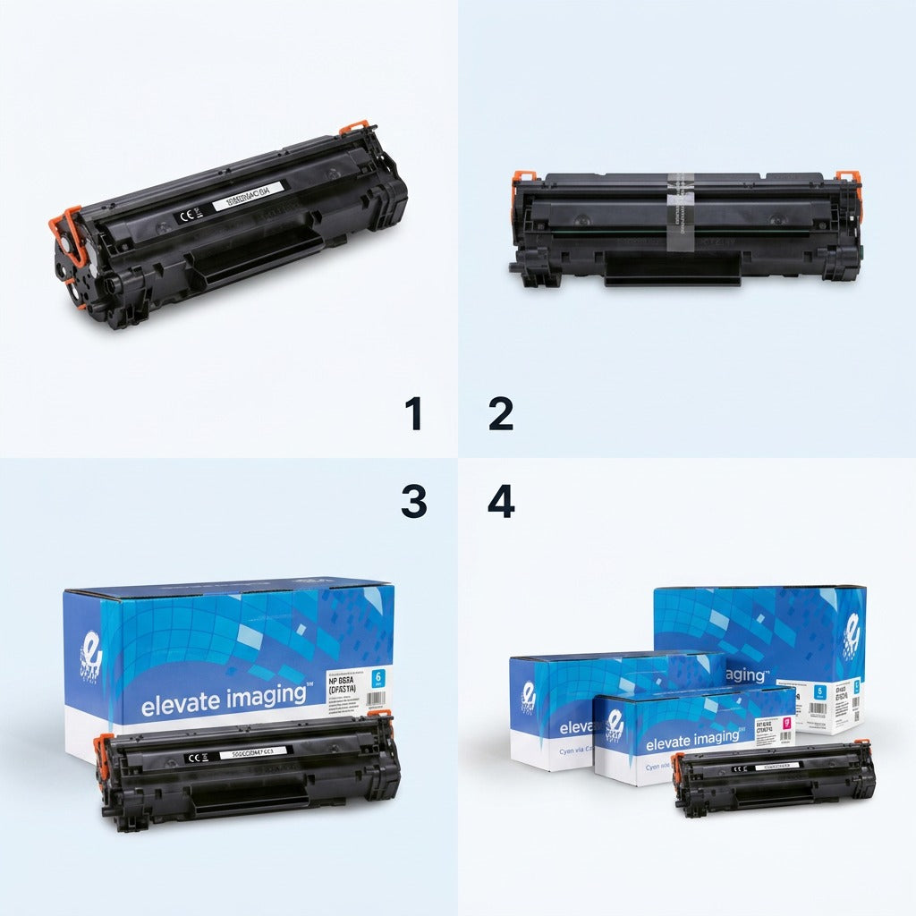 Four-grid view of Elevate Imaging HP 653A (CF321A) Cyan Toner cartridge, box, and full CMYK set.