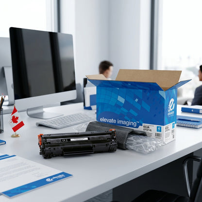 Elevate Imaging 653A (CF321A) Cyan toner cartridge unboxed on a desk with air cushion packaging.