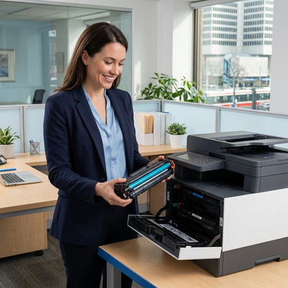 Office professional installing a cyan HP 653A CF321A toner cartridge into a modern laser printer.