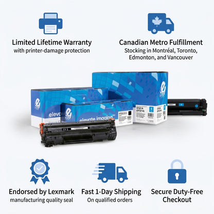 Elevate Imaging HP 653A Cyan Toner infographic showing warranty, Canadian fulfillment, and quality.