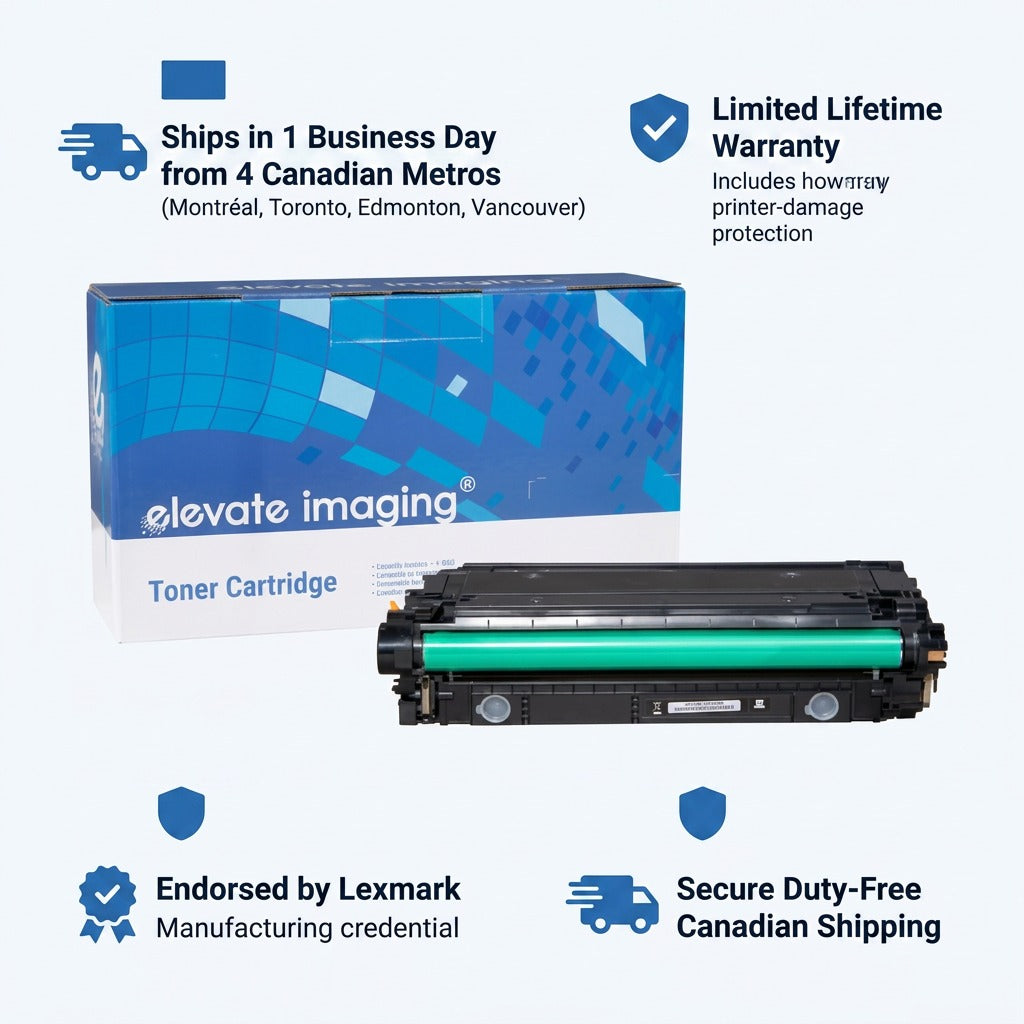 Elevate Imaging 508A black toner cartridge and box with shipping and warranty trust icons.