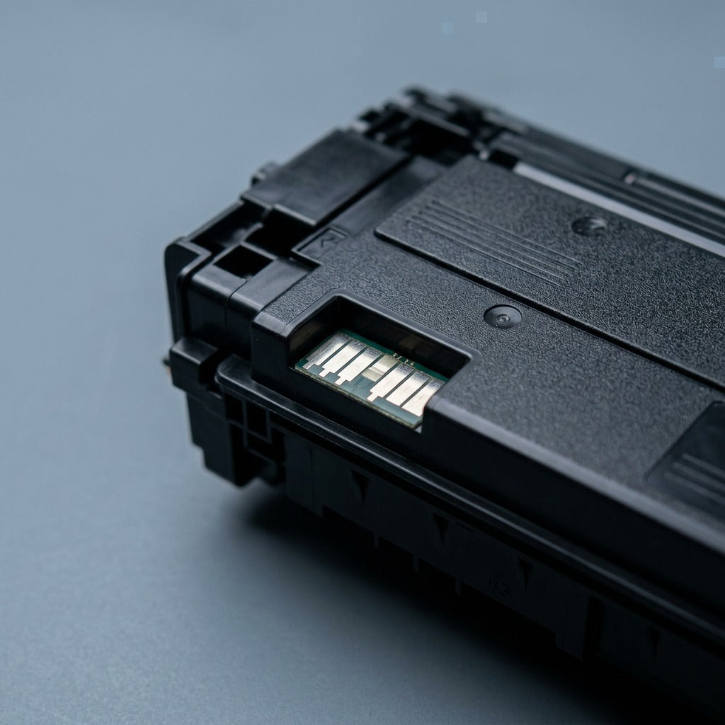Macro detail of the metallic contact chip on an Elevate Imaging HP 508A (CF360A) black toner cartridge.