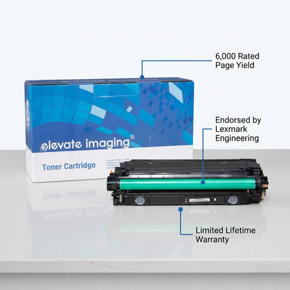 Elevate Imaging HP 508A Black Toner Cartridge with 6,000 page yield and Lexmark endorsement.