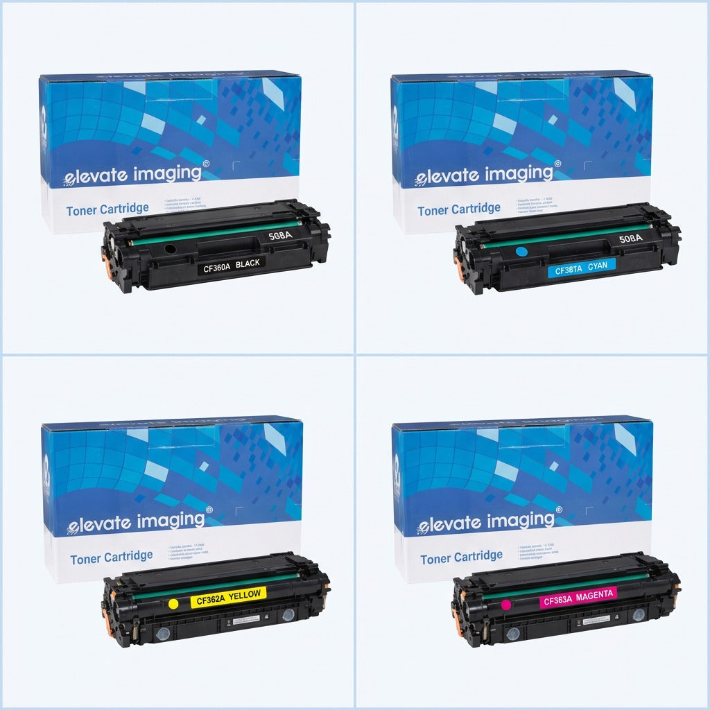 Elevate Imaging HP 508A toner cartridge set: Black (CF360A), Cyan, Yellow, and Magenta variants.