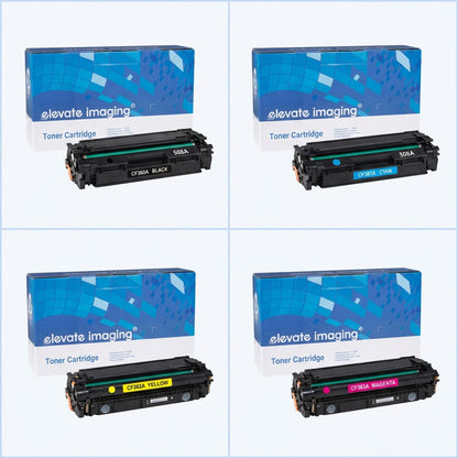 Elevate Imaging HP 508A toner cartridge set: Black (CF360A), Cyan, Yellow, and Magenta variants.