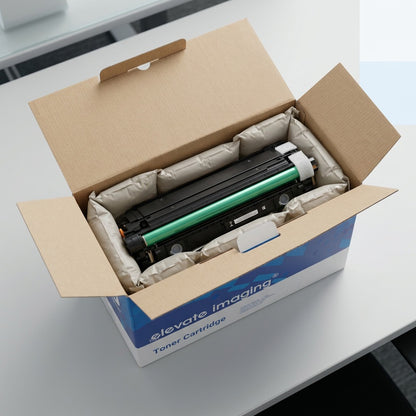 Open Elevate Imaging retail box showing a remanufactured HP 508A black toner cartridge in protective packaging.
