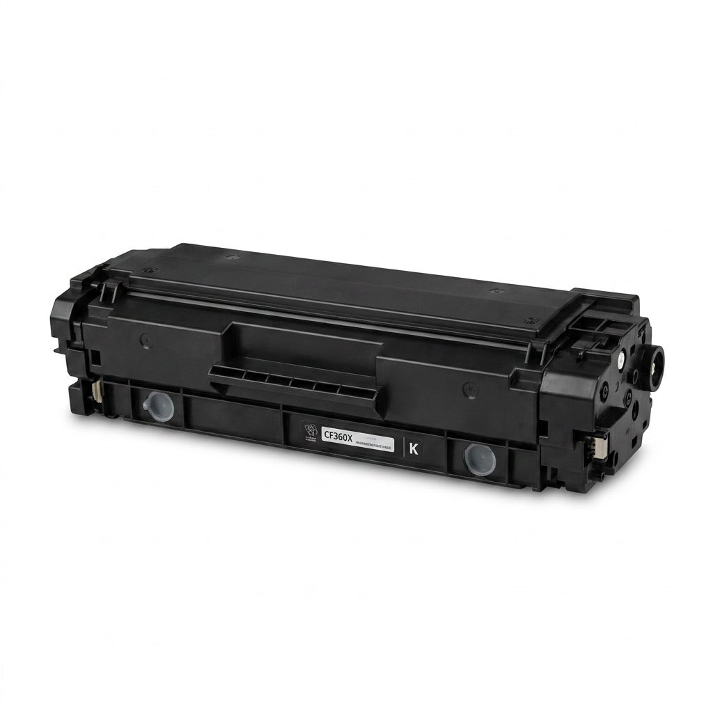 Elevate Imaging remanufactured HP 508X (CF360X) high yield black toner cartridge on white background.