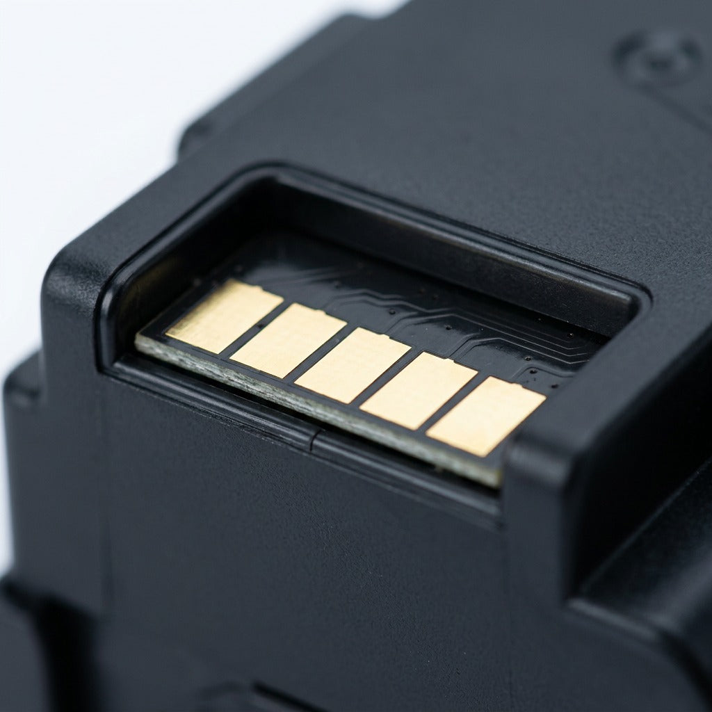Macro view of gold-plated chip contacts on an Elevate Imaging HP 508X black toner cartridge.