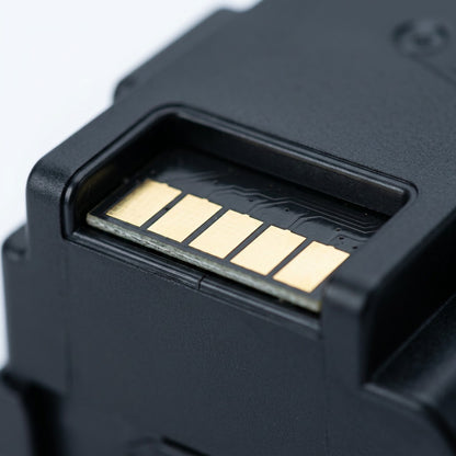 Macro view of gold-plated chip contacts on an Elevate Imaging HP 508X black toner cartridge.
